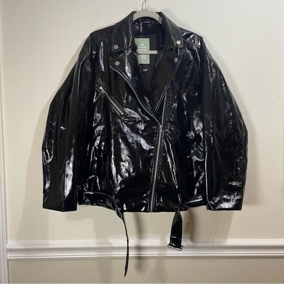 H&M NWT Black Patent Biker Jacket Oversized Small - Picture 3 of 7